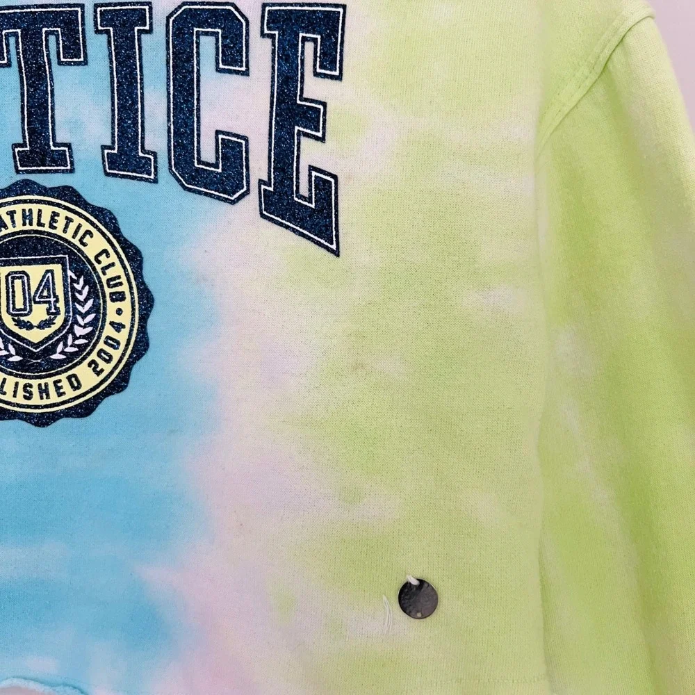Justice Athletic Club Girl Tie Dye Cropped Sweatshirt Blue Green Glitter Logo XS
